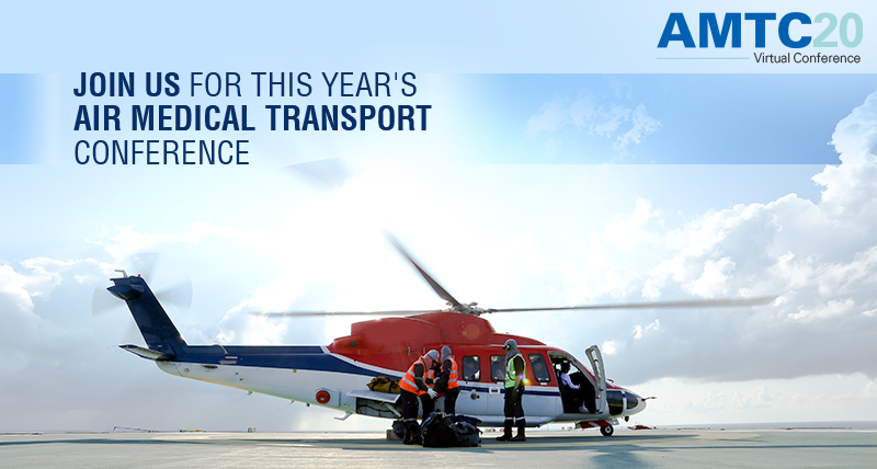 Helicopter image and a message that reads "Join us for this year's air medical transport conference".